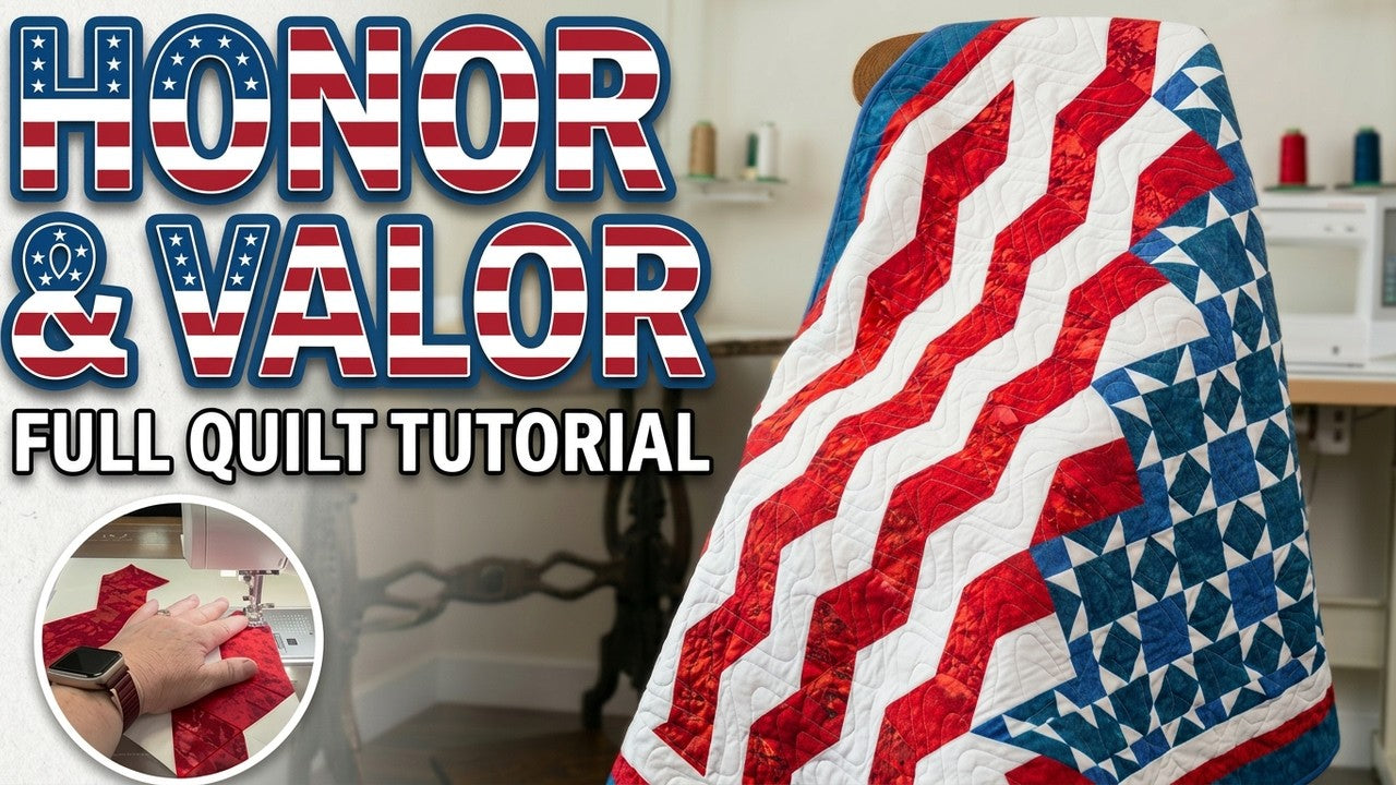 Yvonne teaching a red white and blue patriotic star quilt from the Honor and Valor kit