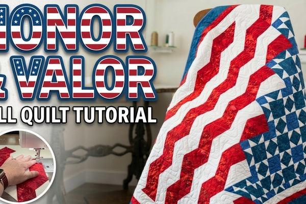Yvonne teaching a red white and blue patriotic star quilt from the Honor and Valor kit