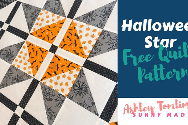 a Halloween quilt block made from half square triangles in orange, black and white with thin sashing