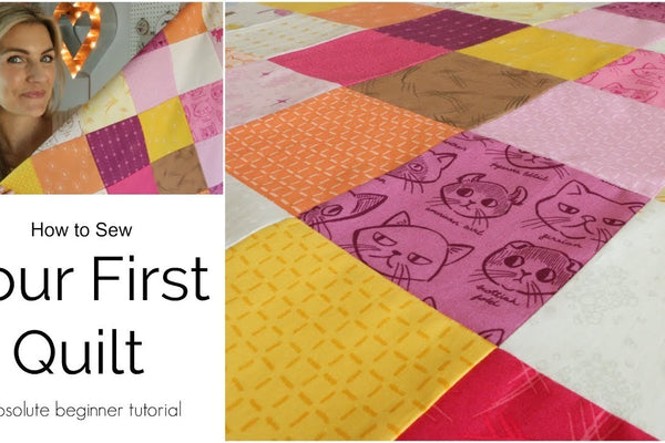 Melanie Ham holding a patchwork quilt of five inch squares, title card for her Your First Quilt absolute beginner tutorial