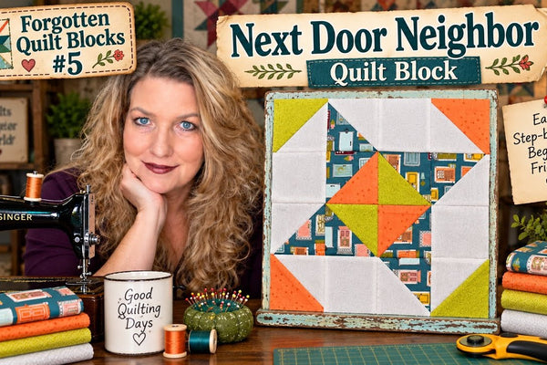 The Next Door Neighbor quilt block in a teal door print with orange and chartreuse on white, a four by four grid of half square triangles turning around a pinwheel center