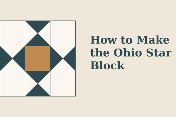 The Ohio Star quilt block in cream, teal and gold, beside the words How to Make the Ohio Star Block