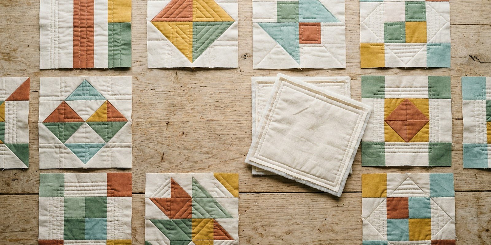 Finished quilt as you go blocks laid out on a wooden table, each block already quilted, with two blocks turned over to show their own backing and batting