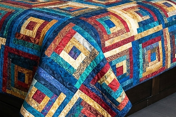 Log cabin quilt in blues, reds and golds spread over a bed, one corner draping down past the mattress towards the floor