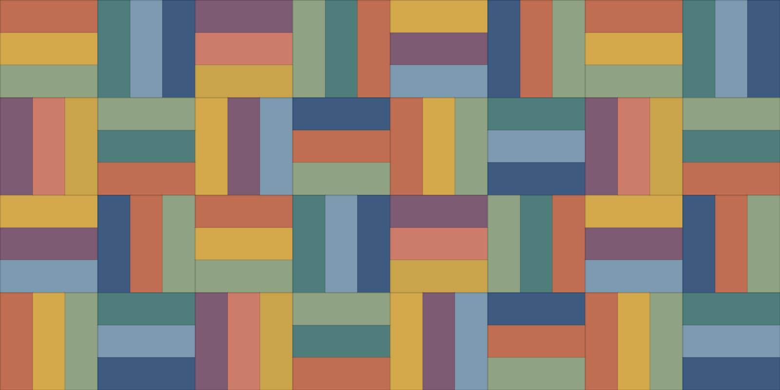 Rail fence quilt with three strip blocks in terracotta, gold, sage, teal and navy, turned alternately to weave a zigzag