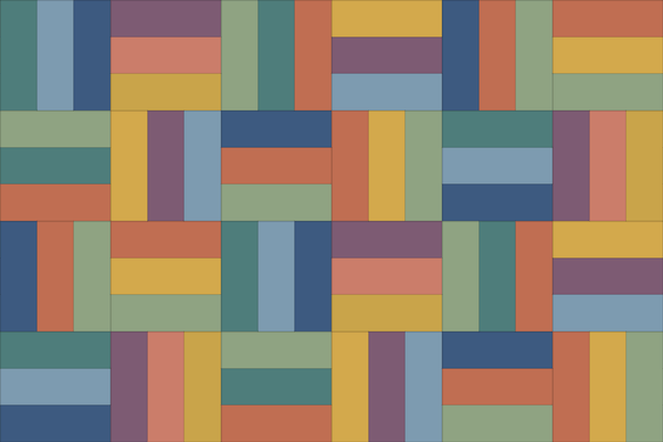 Rail fence quilt with three strip blocks in terracotta, gold, sage, teal and navy, turned alternately to weave a zigzag