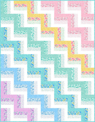 Railings rail fence quilt in soft teal, pink, yellow and blue prints with white strips, the blocks turned to form a zigzag