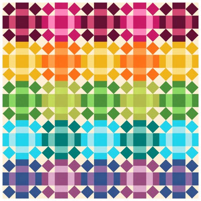 Rolling Rainbow quilt made from solid cottons in a full rainbow of colours, 80 by 80 inches