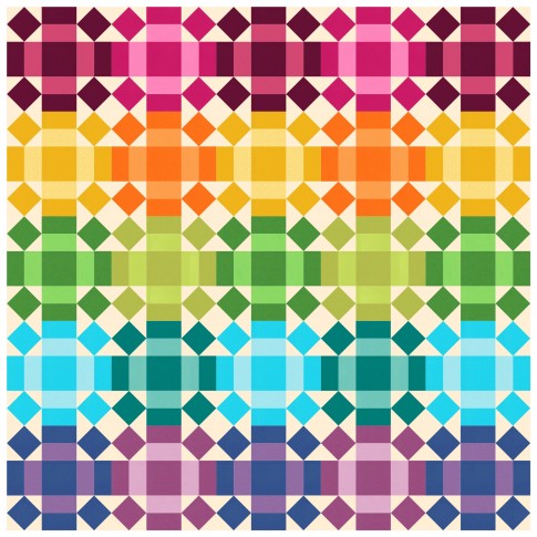 Rolling Rainbow quilt made from solid cottons in a full rainbow of colours, 80 by 80 inches