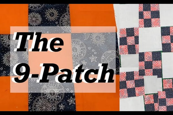 A nine patch block laid out in nine squares beside a strip set cut into segments for the same block