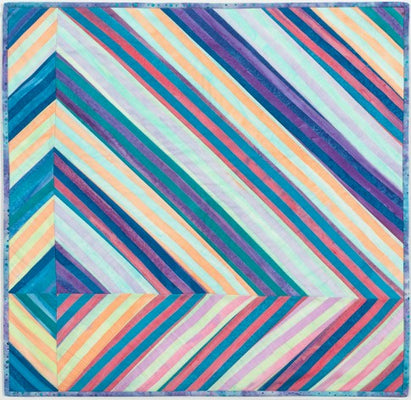 Series of Stripes mini quilt with diagonal multicoloured stripes meeting at mitred angles
