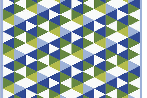 Soundscape quilt in solid cottons, triangles set in twelve vertical columns of white, green, blue and chartreuse