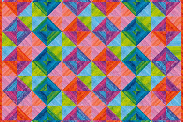 Striped Squares quilt in bright batik colors, 168 half square triangle blocks set twelve across and fourteen down, the color placement forming diamonds on point