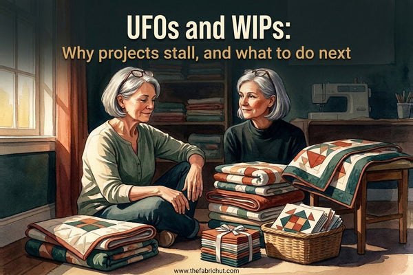Illustration of two quilters sitting among stacks of unfinished quilts and a basket of blocks, with the title UFOs and WIPs: why projects stall, and what to do next