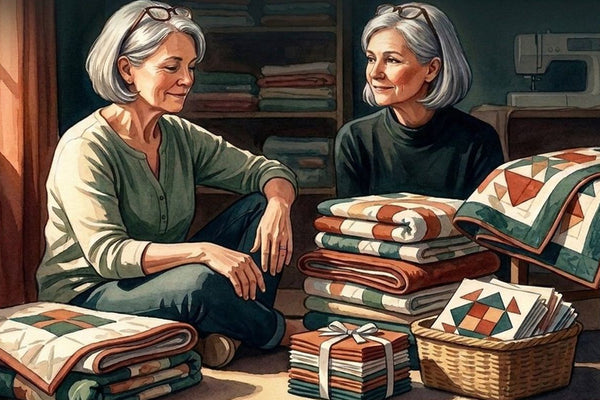 Two quilters sitting with folded quilt tops, a stack of unfinished projects and a basket of blocks in a sewing room