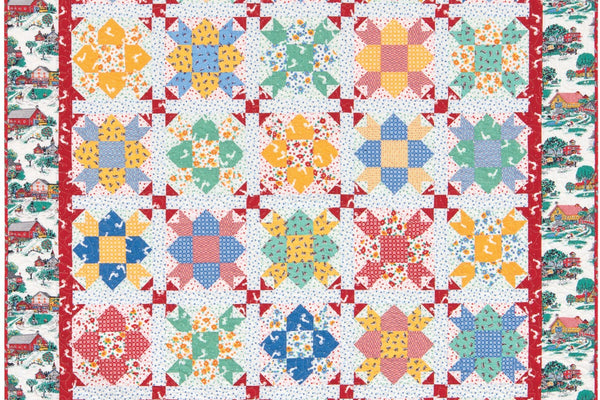 The Weather Vane quilt by Darlene Zimmerman, thirty traditional blocks in 1930s style prints on two pale apple print backgrounds, separated by red sashing with cornerstones and framed by a farm scene border