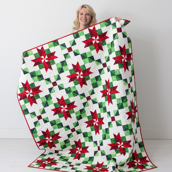 Peppermint Poinsettias Quilting Kit - Pre-Cut with Complete Backing & Binding - Experienced Beginner - Throw and Queen