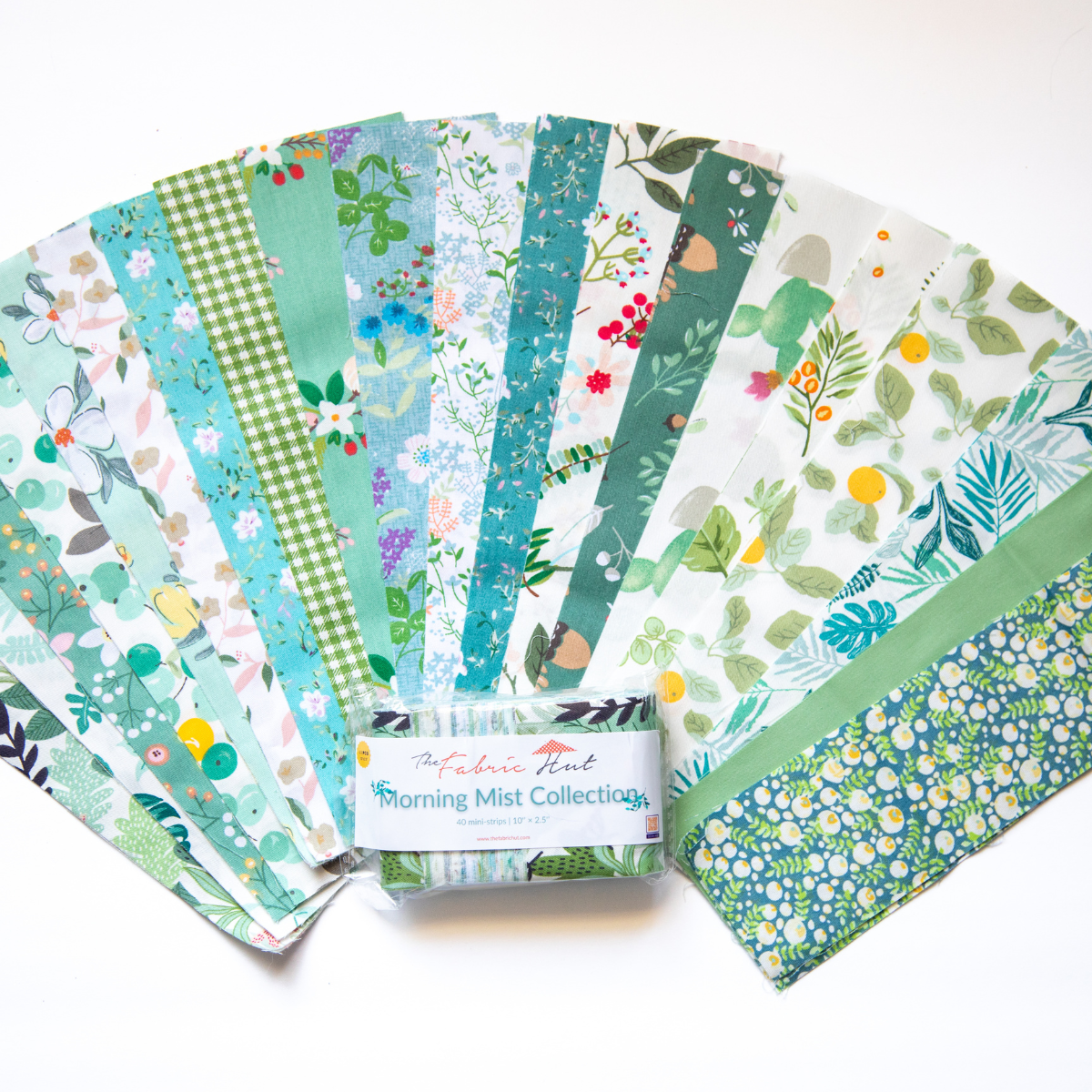 Morning Mist 2.5 x 10 inch mini strips laid out, part of the 480 piece four collection sampler bundle