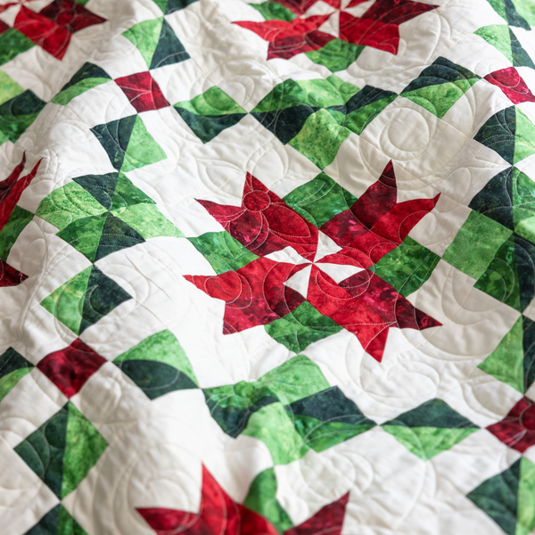 Peppermint Poinsettias Quilting Kit - Pre-Cut with Complete Backing & Binding - Experienced Beginner - Throw and Queen