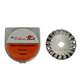 Pinking Blade Narrow, pack of 10 45mm rotary blades with a tight zigzag cutting edge, shown with the clear storage case - The Fabric Hut