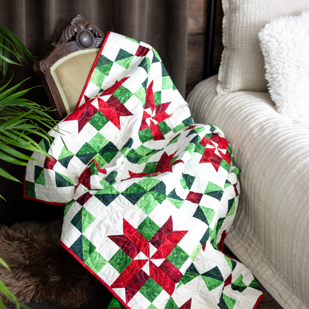 Peppermint Poinsettias Quilting Kit - Pre-Cut with Complete Backing & Binding - Experienced Beginner - Throw and Queen