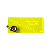 The Fabric Hut Seam Guide Ruler in fluorescent yellow-green acrylic with 16 needle holes, shown with the free magnetic seam guide (view 3)