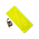 The Fabric Hut Seam Guide Ruler in fluorescent yellow-green acrylic with 16 needle holes, shown with the free magnetic seam guide (view 1)