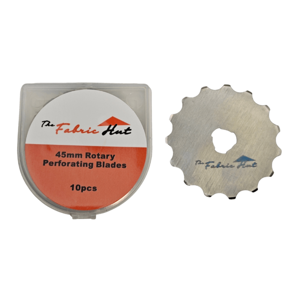 45mm Rotary Perforating Blade, pack of 10 stainless steel blades that score clean evenly spaced perforations, shown with the clear storage case - The Fabric Hut