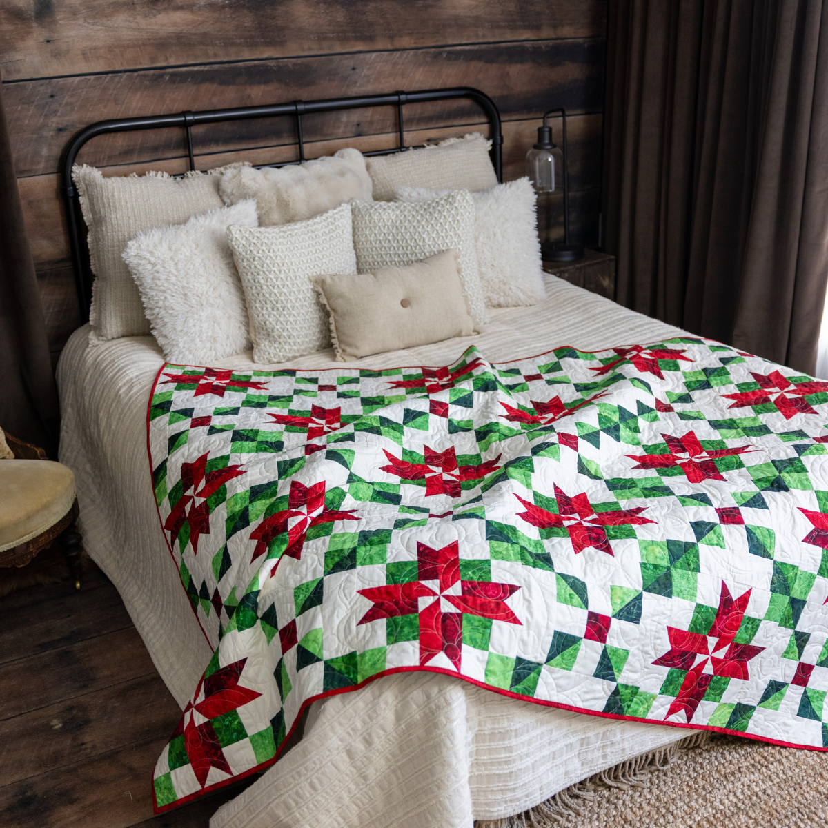 Peppermint Poinsettias Quilting Kit - Pre-Cut with Complete Backing & Binding - Experienced Beginner - Throw and Queen