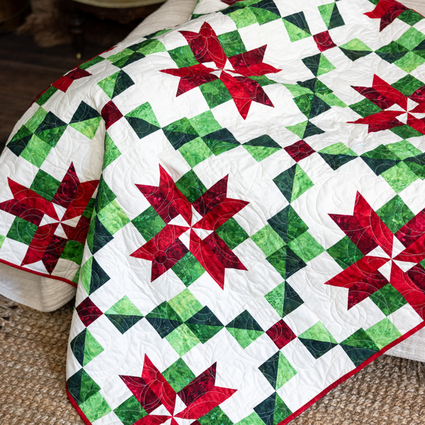 Peppermint Poinsettias Quilting Kit - Pre-Cut with Complete Backing & Binding - Experienced Beginner - Throw and Queen