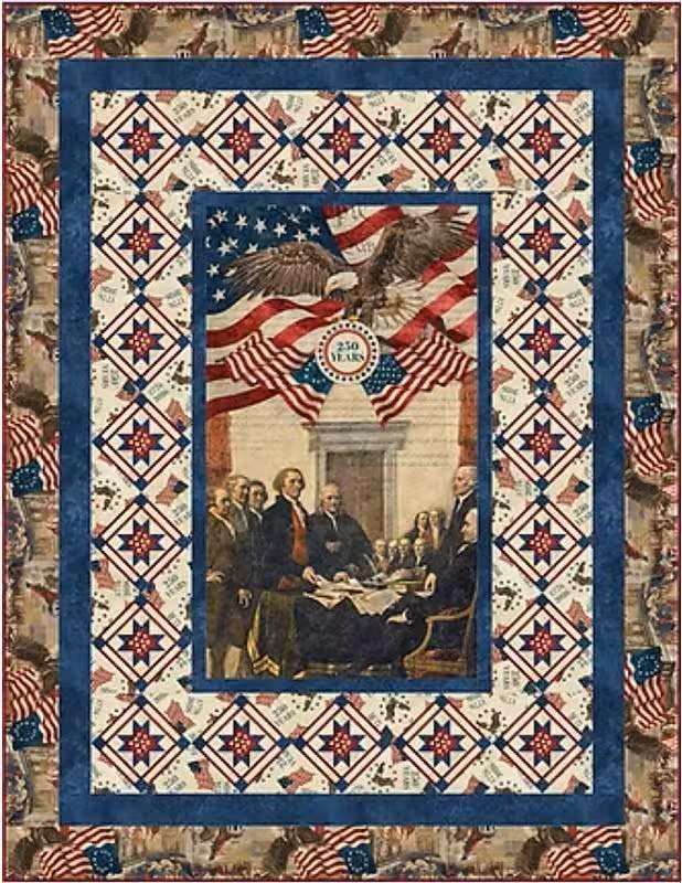 Patriotic, 24-inch Fabric Panel, Historic, Stonehenge, America 250 Anniversary, Red, Blue, Beige, USA