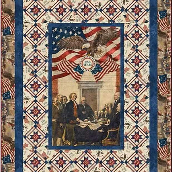 Patriotic, 24-inch Fabric Panel, Historic, Stonehenge, America 250 Anniversary, Red, Blue, Beige, USA