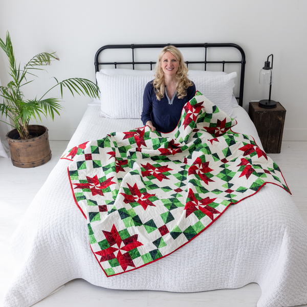 Peppermint Poinsettias Quilting Kit - Pre-Cut with Complete Backing & Binding - Experienced Beginner - Throw and Queen