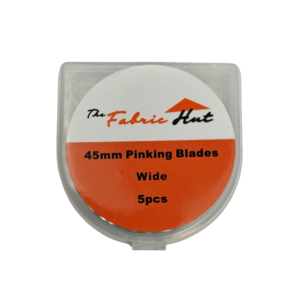 Pinking Blade Wide, pack of 5 45mm rotary blades with a bold zigzag cutting edge, shown with the clear storage case - The Fabric Hut