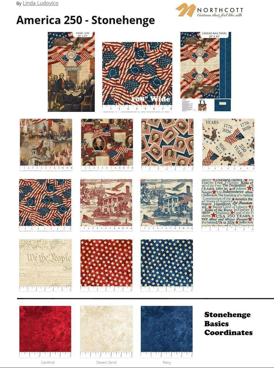 Patriotic, 24-inch Fabric Panel, Historic, Stonehenge, America 250 Anniversary, Red, Blue, Beige, USA