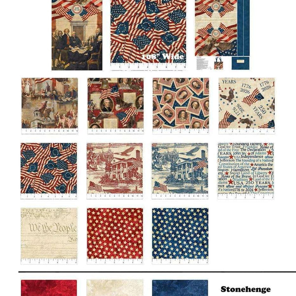 Patriotic, 24-inch Fabric Panel, Historic, Stonehenge, America 250 Anniversary, Red, Blue, Beige, USA