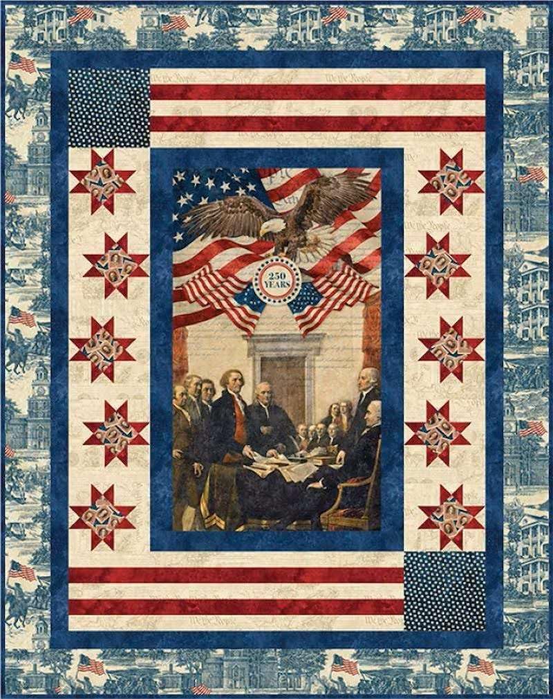 Patriotic, 24-inch Fabric Panel, Historic, Stonehenge, America 250 Anniversary, Red, Blue, Beige, USA