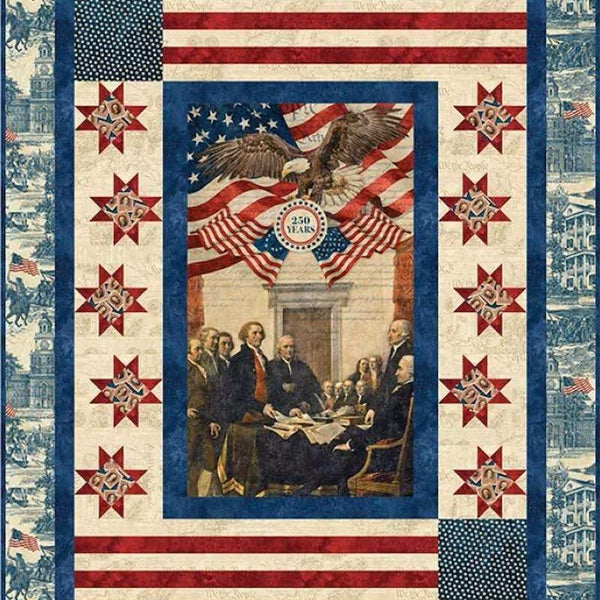 Patriotic, 24-inch Fabric Panel, Historic, Stonehenge, America 250 Anniversary, Red, Blue, Beige, USA