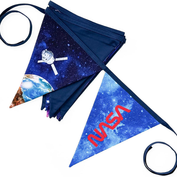 NASA DIY Canvas Bunting Kit – Space-Themed Fabric Craft Project for Home Décor – Includes 24" x 43" Blue Canvas Panel, Navy Backing & Binding – Makes 11ft Handmade Banner