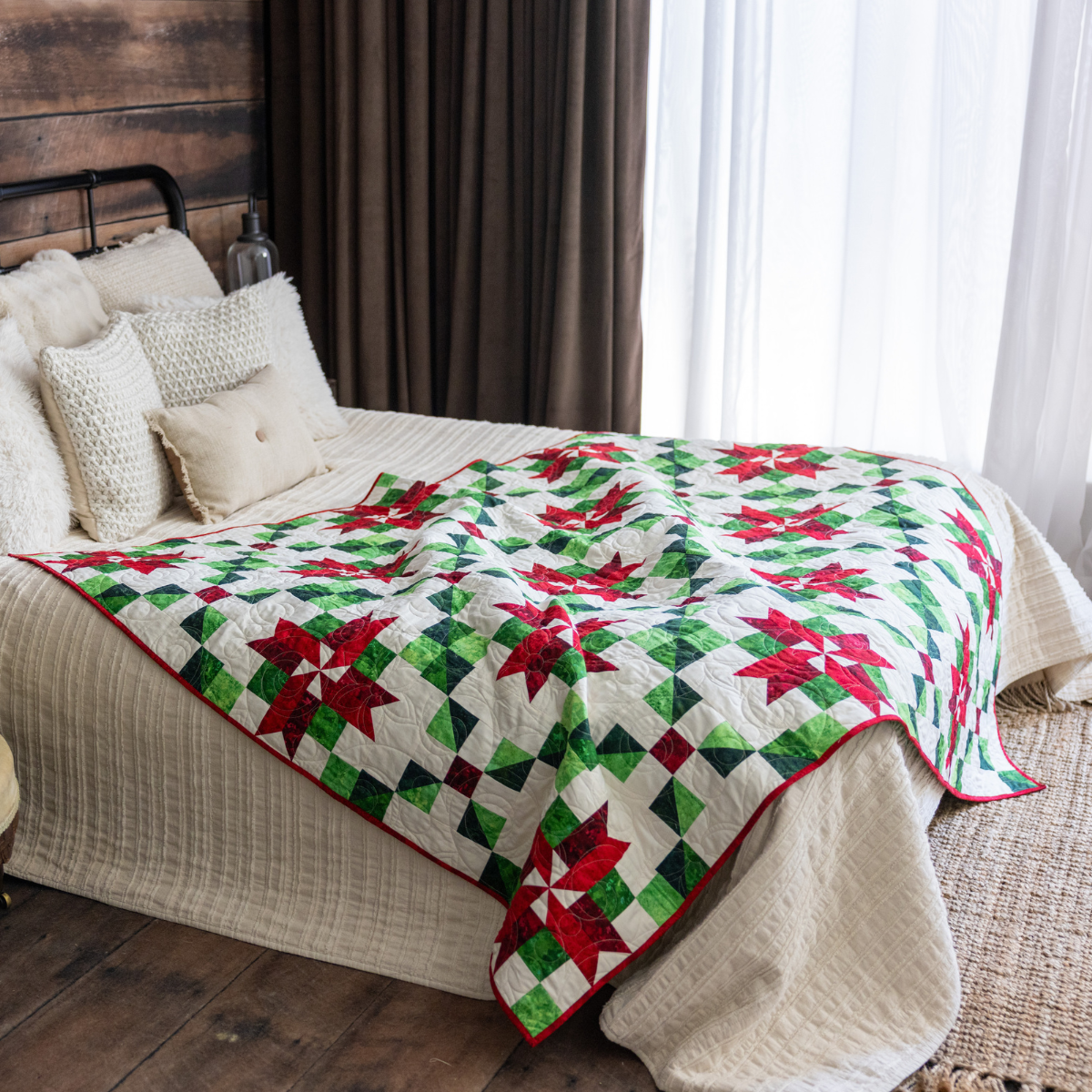 Peppermint Poinsettias Quilting Kit - Pre-Cut with Complete Backing & Binding - Experienced Beginner - Throw and Queen