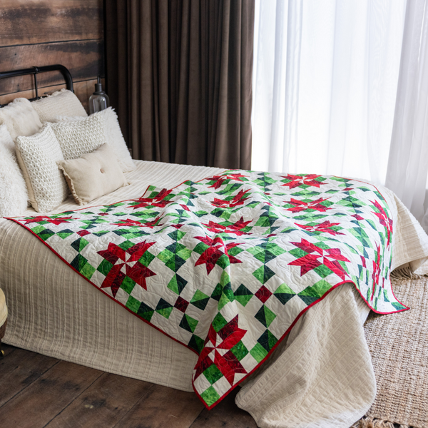 Peppermint Poinsettias Quilting Kit - Pre-Cut with Complete Backing & Binding - Experienced Beginner - Throw and Queen