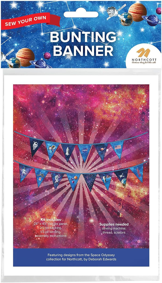 NASA DIY Canvas Bunting Kit – Space-Themed Fabric Craft Project for Home Décor – Includes 24" x 43" Blue Canvas Panel, Navy Backing & Binding – Makes 11ft Handmade Banner