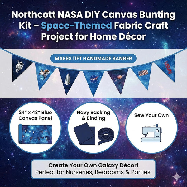 NASA DIY Canvas Bunting Kit – Space-Themed Fabric Craft Project for Home Décor – Includes 24" x 43" Blue Canvas Panel, Navy Backing & Binding – Makes 11ft Handmade Banner