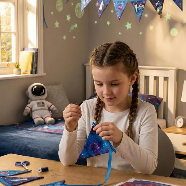 NASA DIY Canvas Bunting Kit – Space-Themed Fabric Craft Project for Home Décor – Includes 24" x 43" Blue Canvas Panel, Navy Backing & Binding – Makes 11ft Handmade Banner