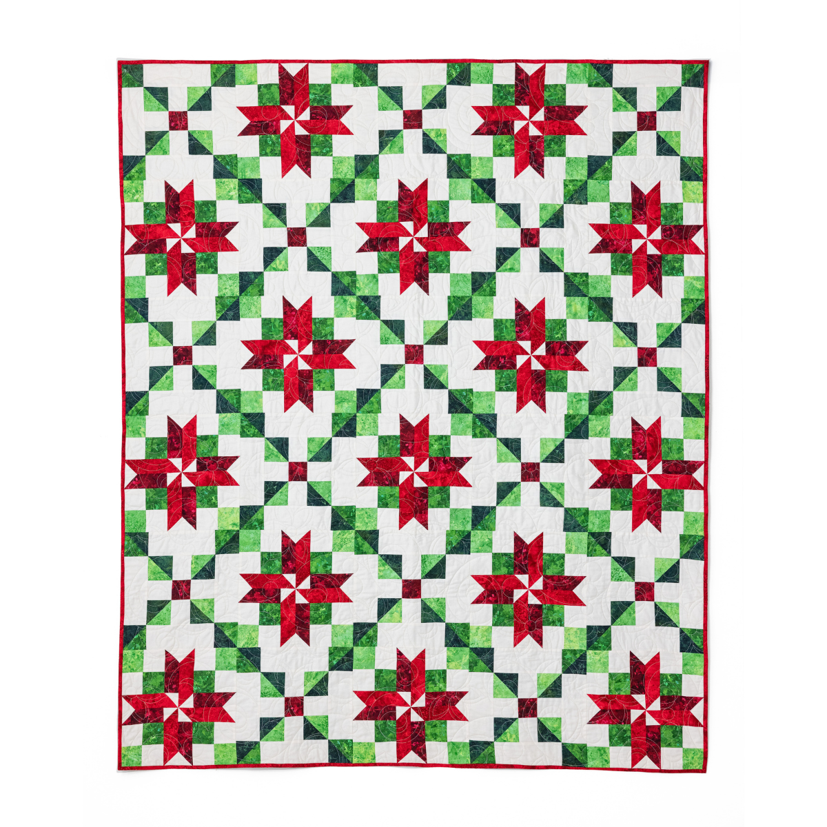 Peppermint Poinsettias Quilting Kit - Pre-Cut with Complete Backing & Binding - Experienced Beginner - Throw and Queen