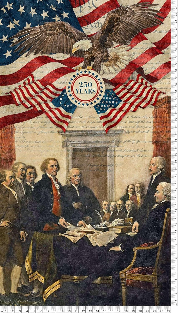 Patriotic, 24-inch Fabric Panel, Historic, Stonehenge, America 250 Anniversary, Red, Blue, Beige, USA
