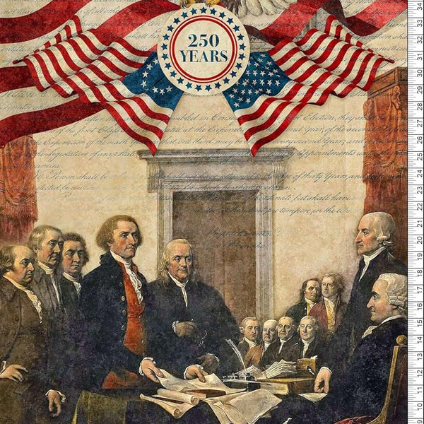 Patriotic, 24-inch Fabric Panel, Historic, Stonehenge, America 250 Anniversary, Red, Blue, Beige, USA