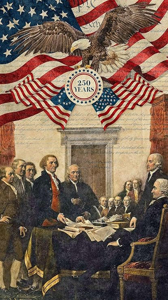 Patriotic, 24-inch Fabric Panel, Historic, Stonehenge, America 250 Anniversary, Red, Blue, Beige, USA