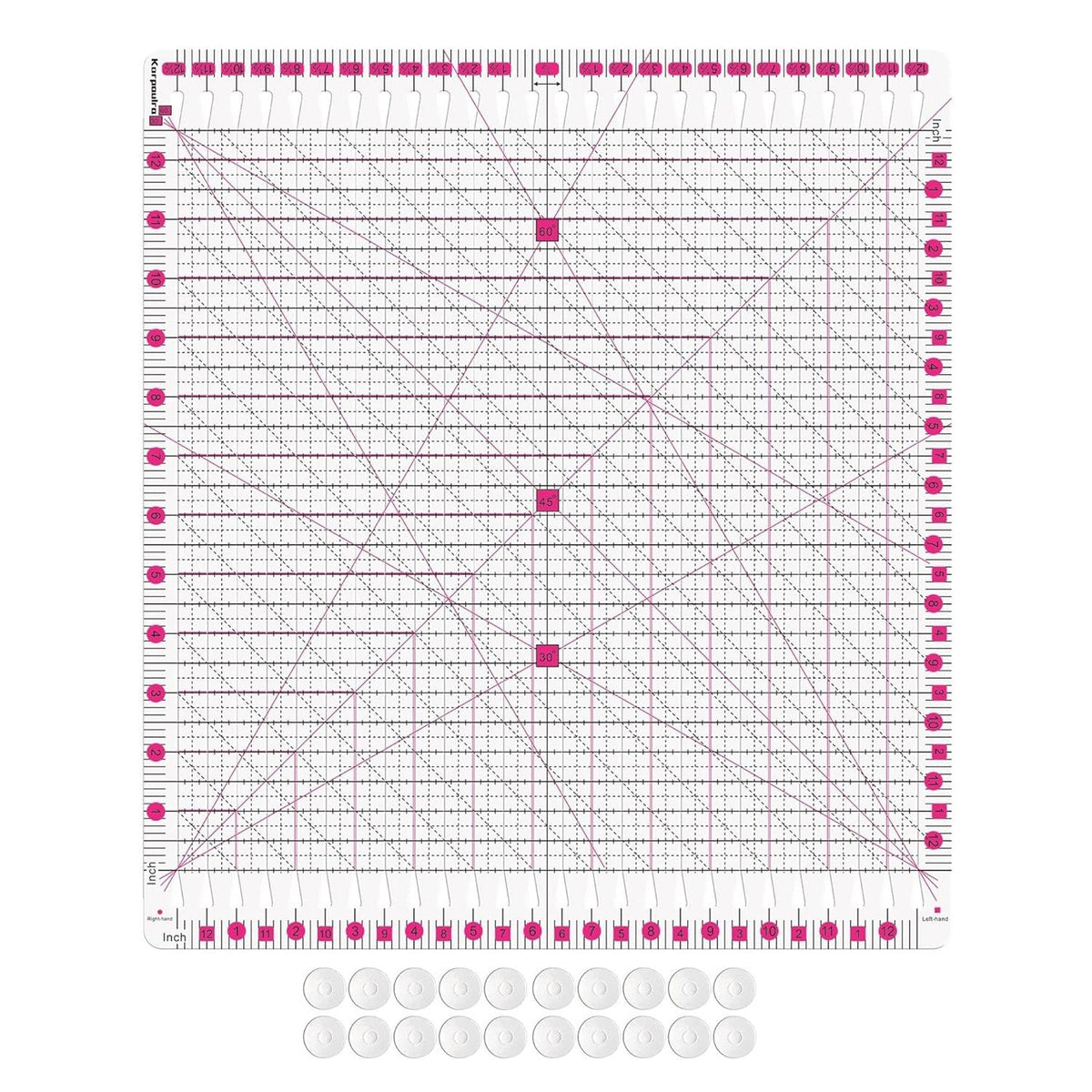 12.5 inch by 12.5 inch slotted quilting ruler, clear acrylic with grooved cutting slots, shown squaring up a quilt block - The Fabric Hut