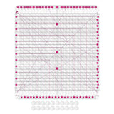 12.5 inch by 12.5 inch slotted quilting ruler, clear acrylic with grooved cutting slots, shown squaring up a quilt block - The Fabric Hut